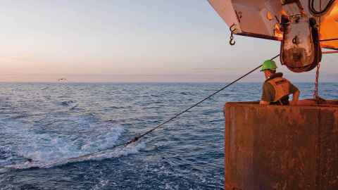 Deploying the trawl off Tangaroa. Credit Peter Marriott, NIWA.
